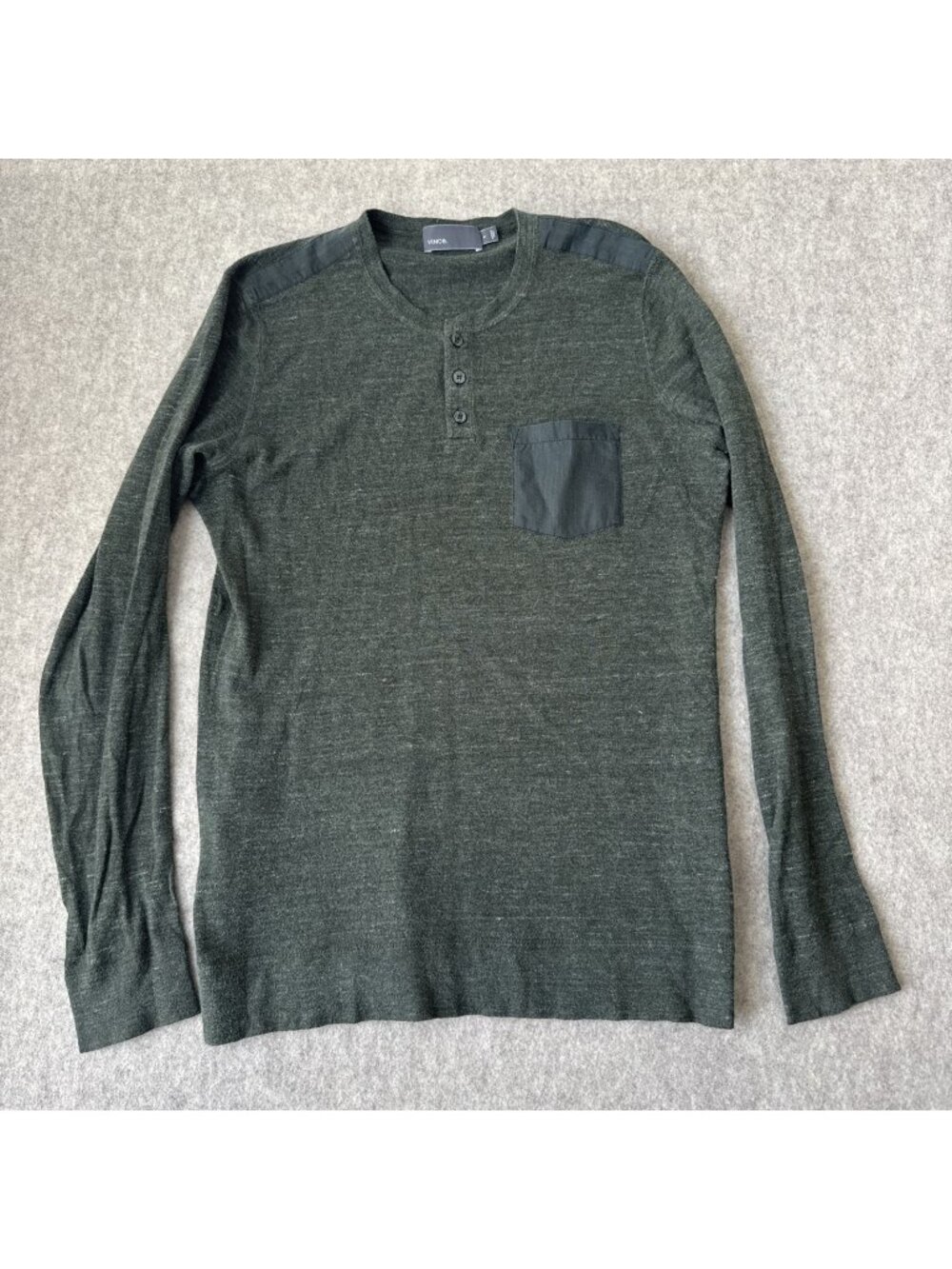 Vince Mixed Media Henley Shirt Mens Small Green Cashmere Blend